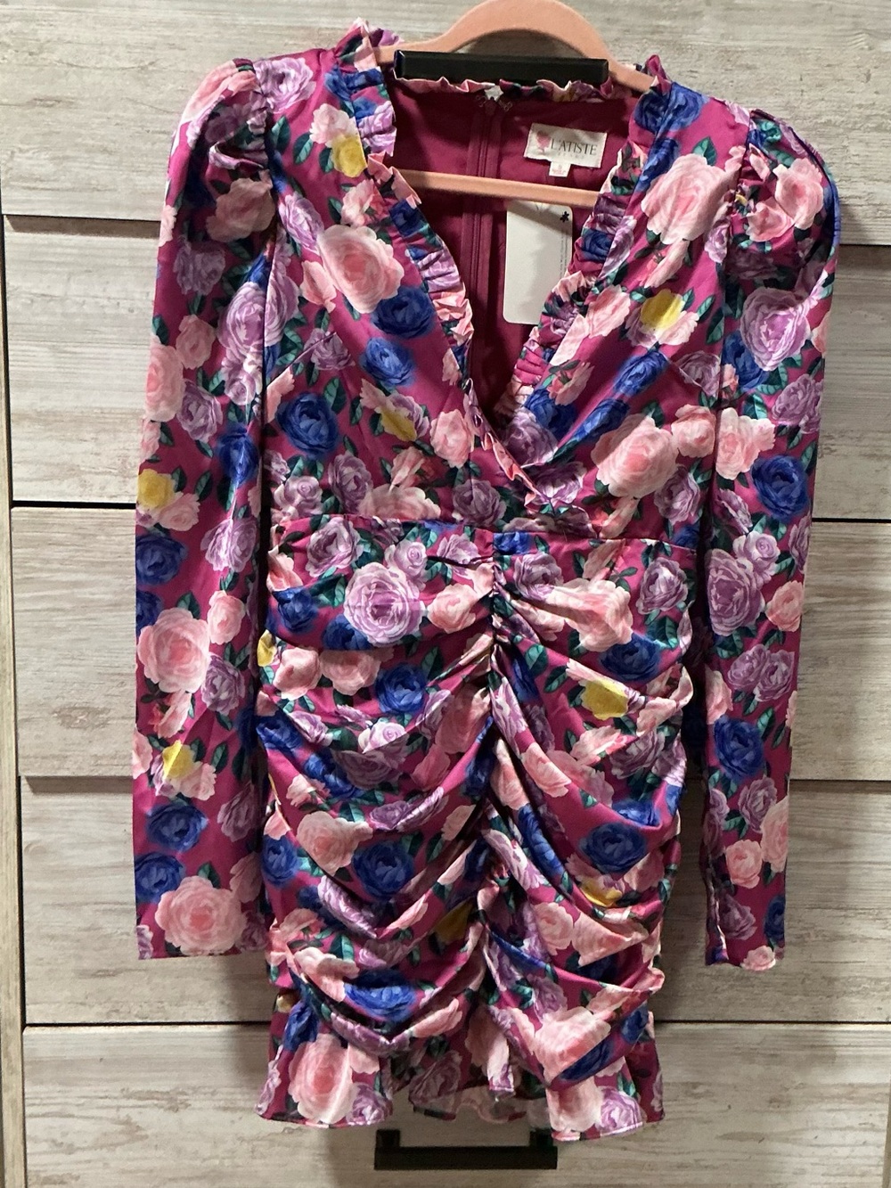 L'ATISTE Magenta Floral Ruched Midi Dress with Pink and Blue Roses